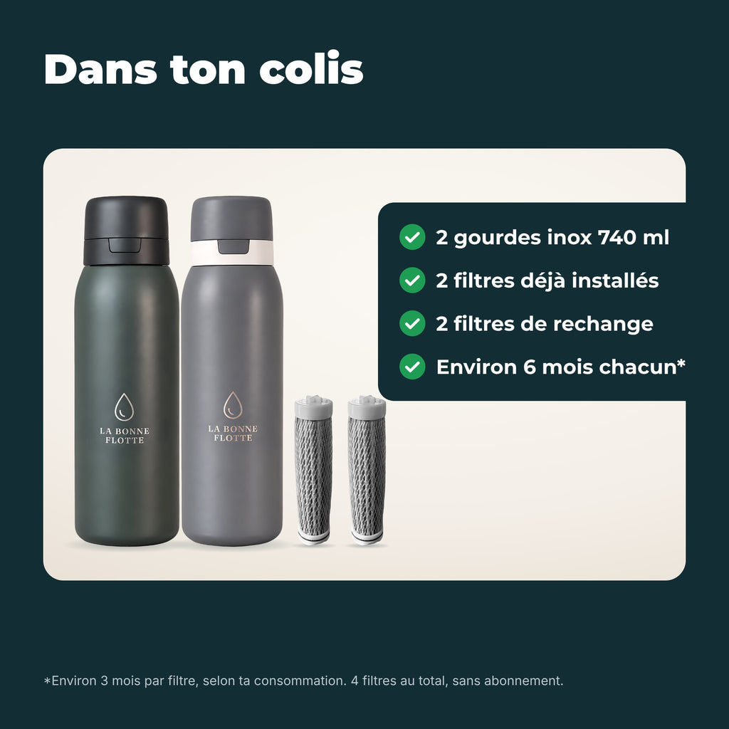 Dans le colis Duo : 2 gourdes, 2 filtres installés, 2 filtres de rechange