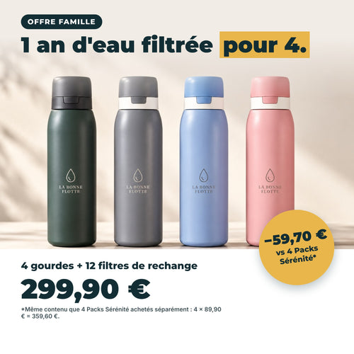 Offre Famille : 4 gourdes filtrantes + 12 filtres de rechange, 1 an d'eau filtrée pour 4