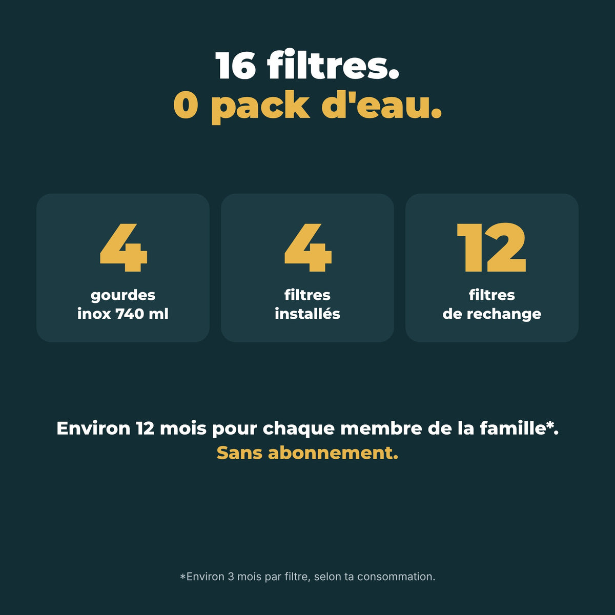 16 filtres, 0 pack d'eau : 4 gourdes, 4 filtres installés, 12 filtres de rechange