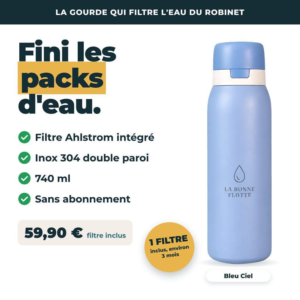 Gourde filtrante La Bonne Flotte Bleu Ciel 740 ml : filtre Ahlstrom intégré, inox 304 double paroi, sans abonnement