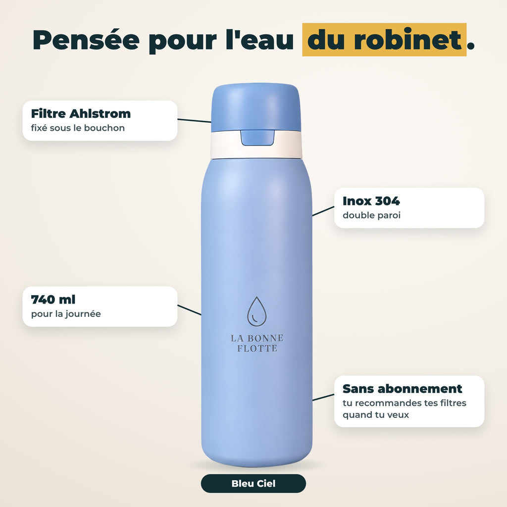 Détails de la gourde Bleu Ciel : filtre Ahlstrom fixé sous le bouchon, inox 304 double paroi, 740 ml