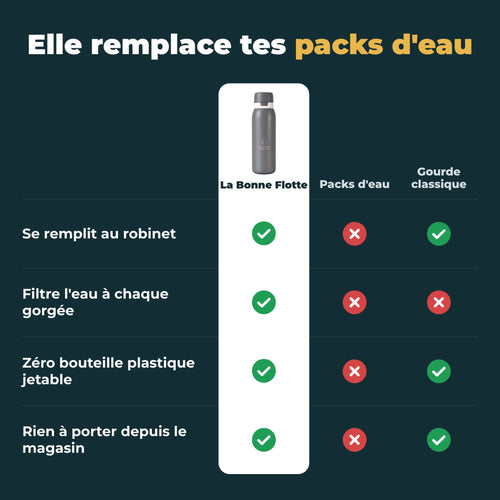 Comparatif : la gourde filtrante Gris Perle face aux packs d'eau et à une gourde classique
