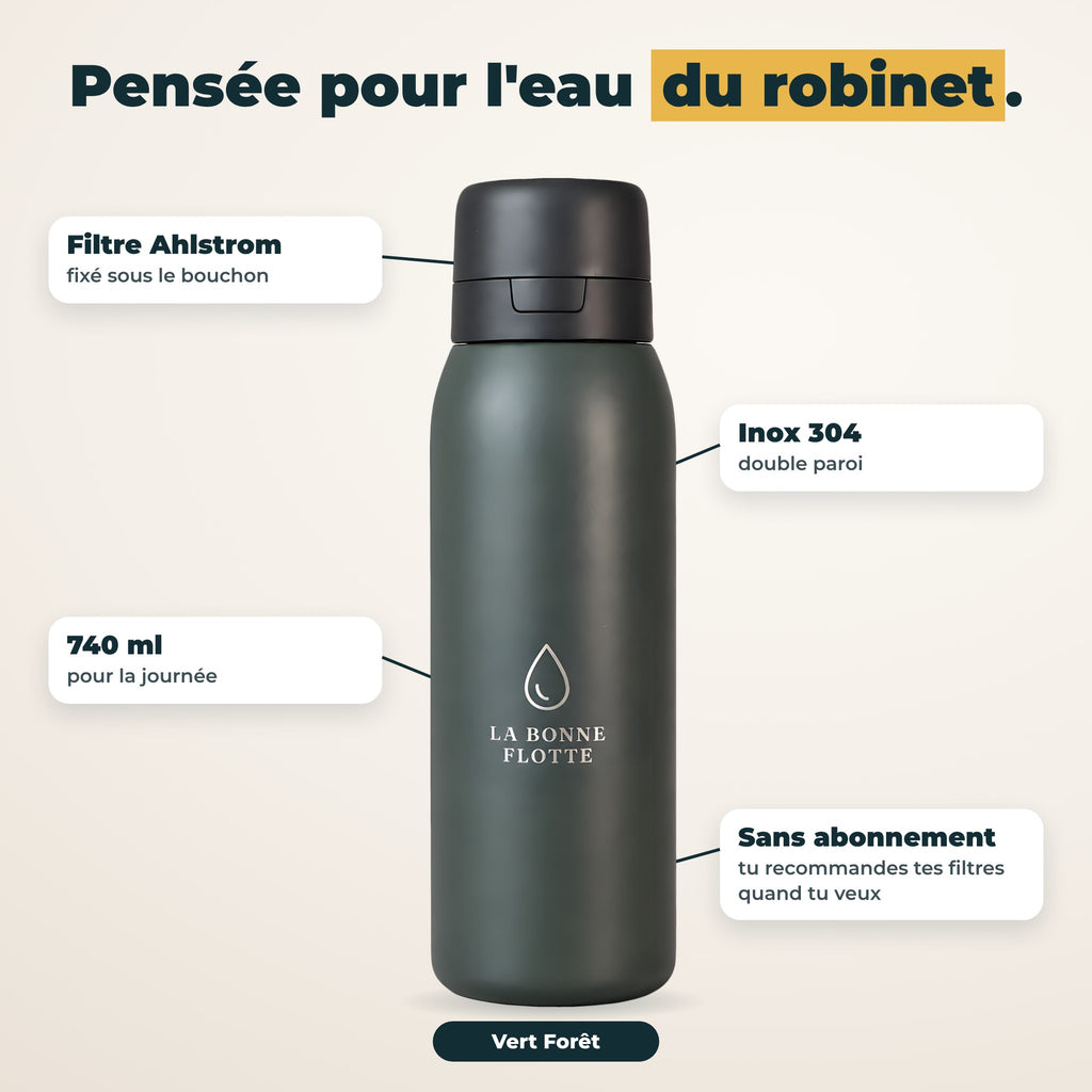 Détails de la gourde Vert Forêt : filtre Ahlstrom fixé sous le bouchon, inox 304 double paroi, 740 ml