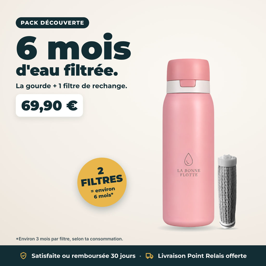 Pack Découverte : gourde filtrante + 1 filtre de rechange, environ 6 mois d'eau filtrée
