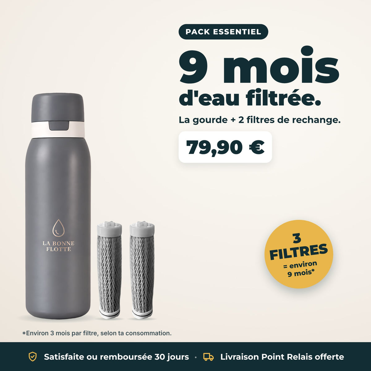 Pack Essentiel : gourde filtrante + 2 filtres de rechange, environ 9 mois d'eau filtrée