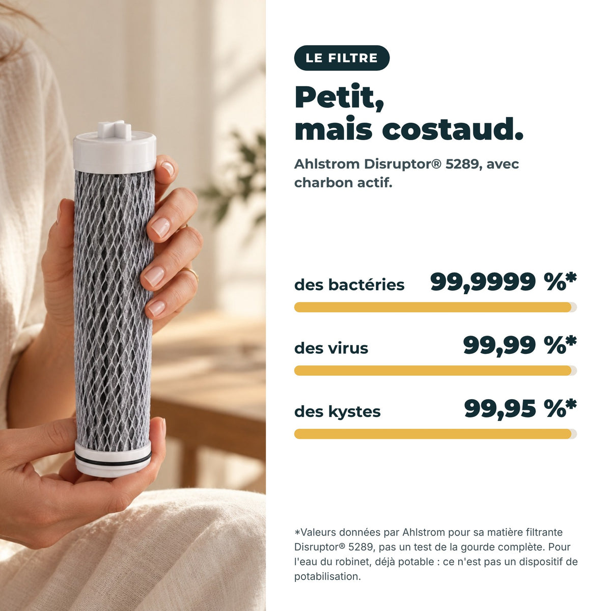 Le filtre Ahlstrom Disruptor 5289 en main et ce qu'il retient selon son fabricant