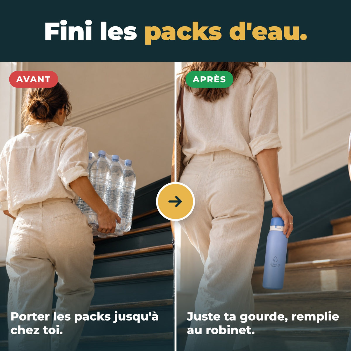 Avant / après : fini les packs d'eau à monter dans l'escalier