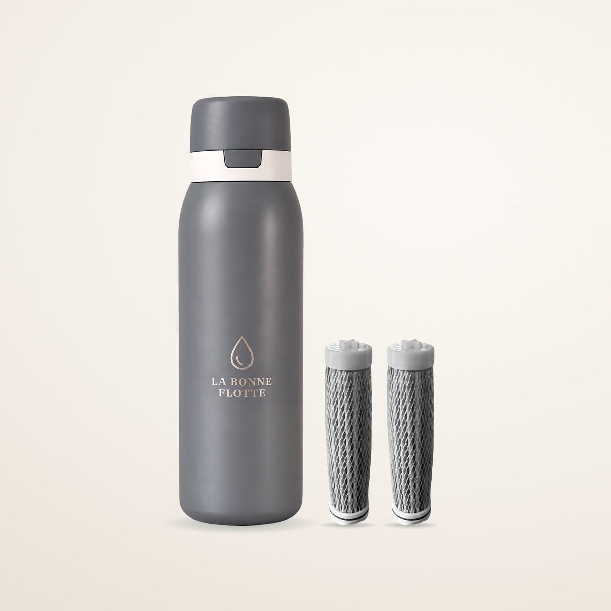 Pack Essentiel Gris Perle : gourde filtrante et 2 filtres de rechange