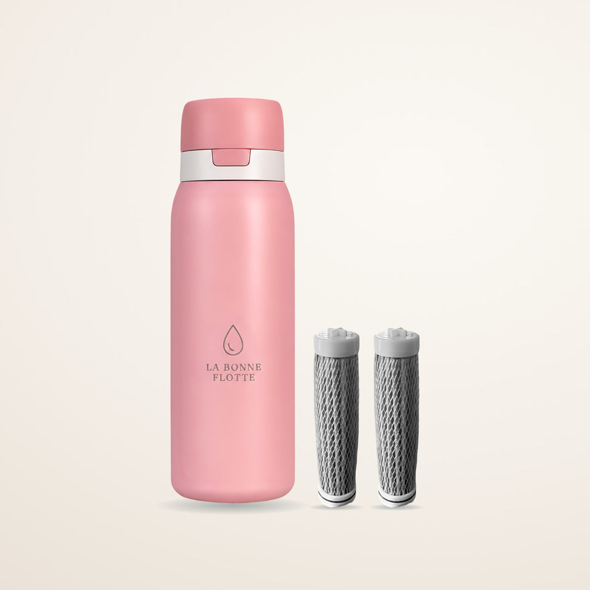 Pack Essentiel Rose Poudré : gourde filtrante et 2 filtres de rechange
