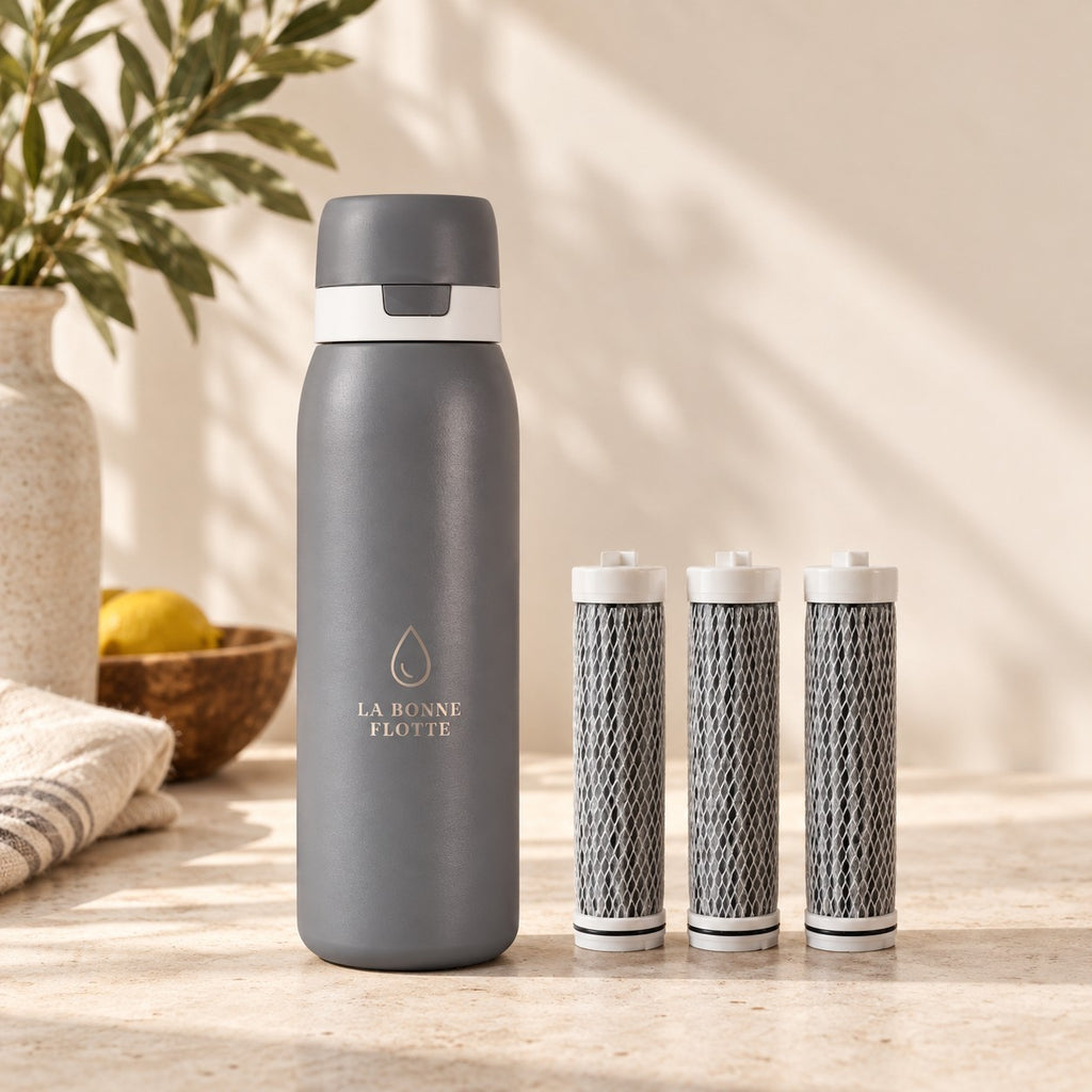 Pack Sérénité Gris Perle : gourde filtrante et 3 filtres de rechange