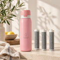 Pack Sérénité Rose Poudré : gourde filtrante et 3 filtres de rechange