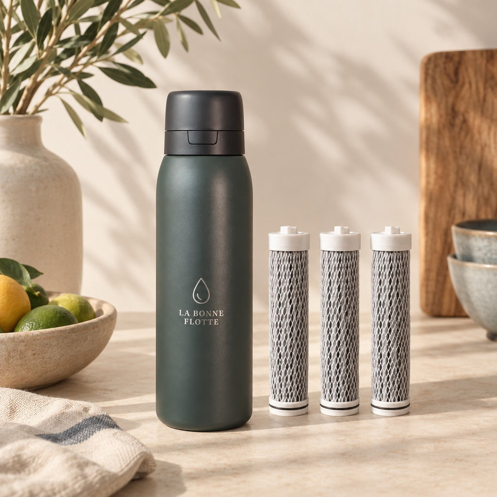 Pack Sérénité Vert Forêt : gourde filtrante et 3 filtres de rechange